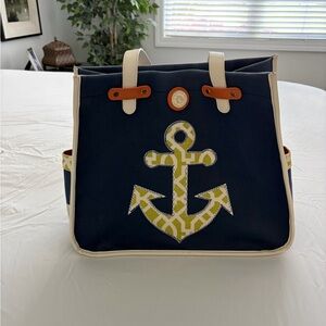 Spartina 449 Navy Tote with Cream Trim and Yellow-Green Anchor